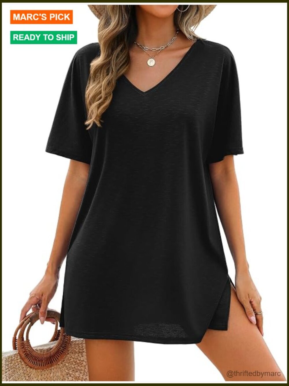 Loose T-Shirt Swimsuit Cover Up with Side Slits Beach Dress